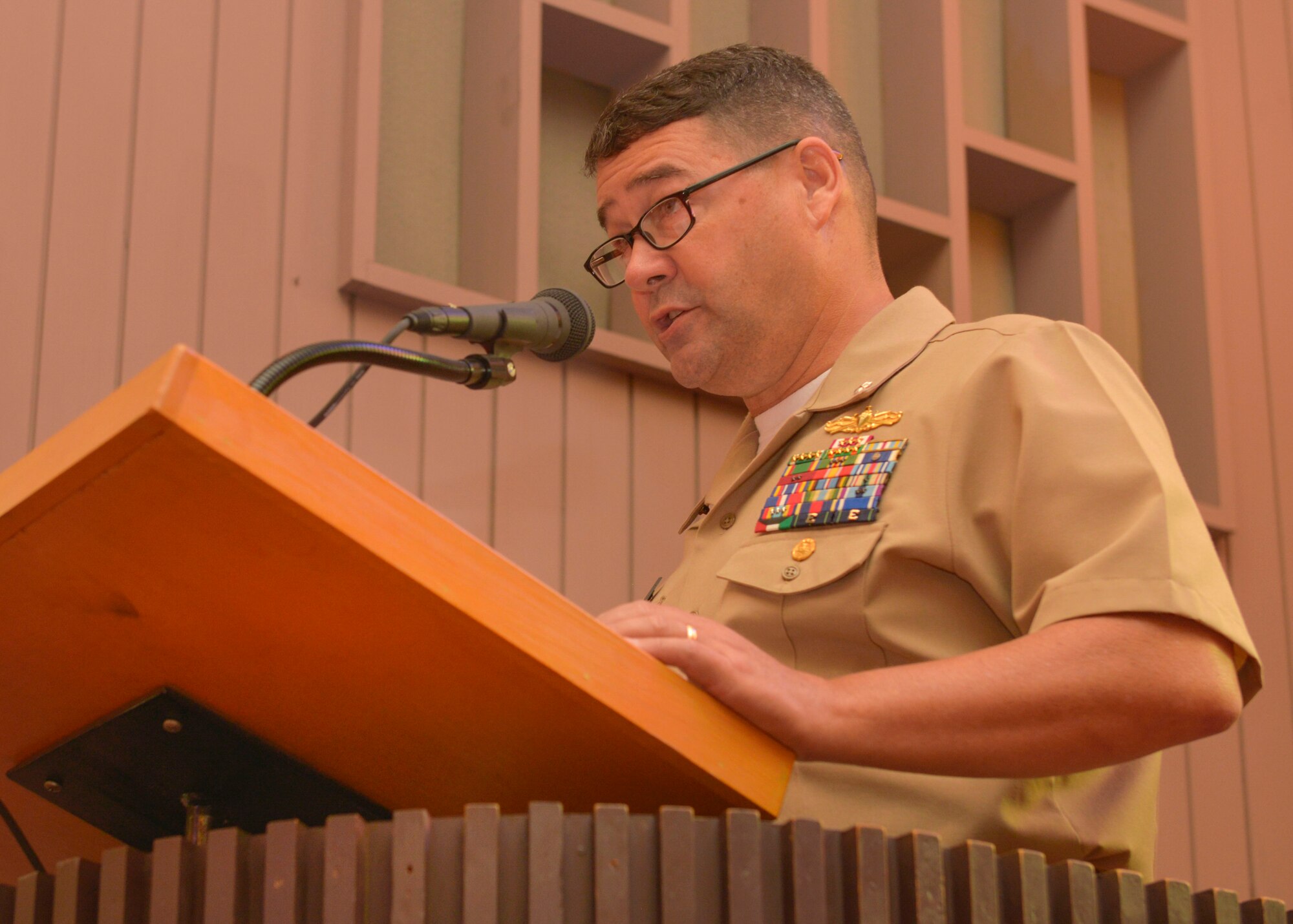 Navy Commander David Tarwater, Naval Support Activity Charleston Executive Officer, opens the Navy Gold Star Remembrance ceremony Sept. 23, 2015at the Good Shepherd Chapel on Joint Base Charleston –Weapons Station, Charleston, S.C. The event honors local fallen Sailors.