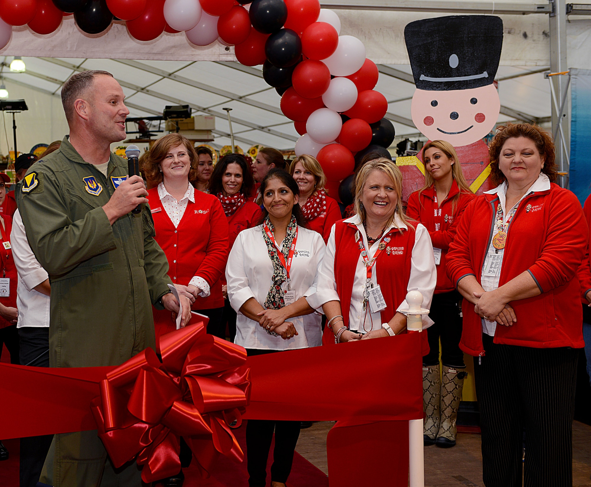 Brig. Gen. Jon T. Thomas, 86th Airlift Wing commander, speaks during the ribbon-cutting ceremony of the 51st Ramstein Bazaar Sept. 16, 2015, at Ramstein Air Base, Germany. The bazaar has taken place since 1965. (U.S. Air Force photo/Senior Airman Timothy Moore)