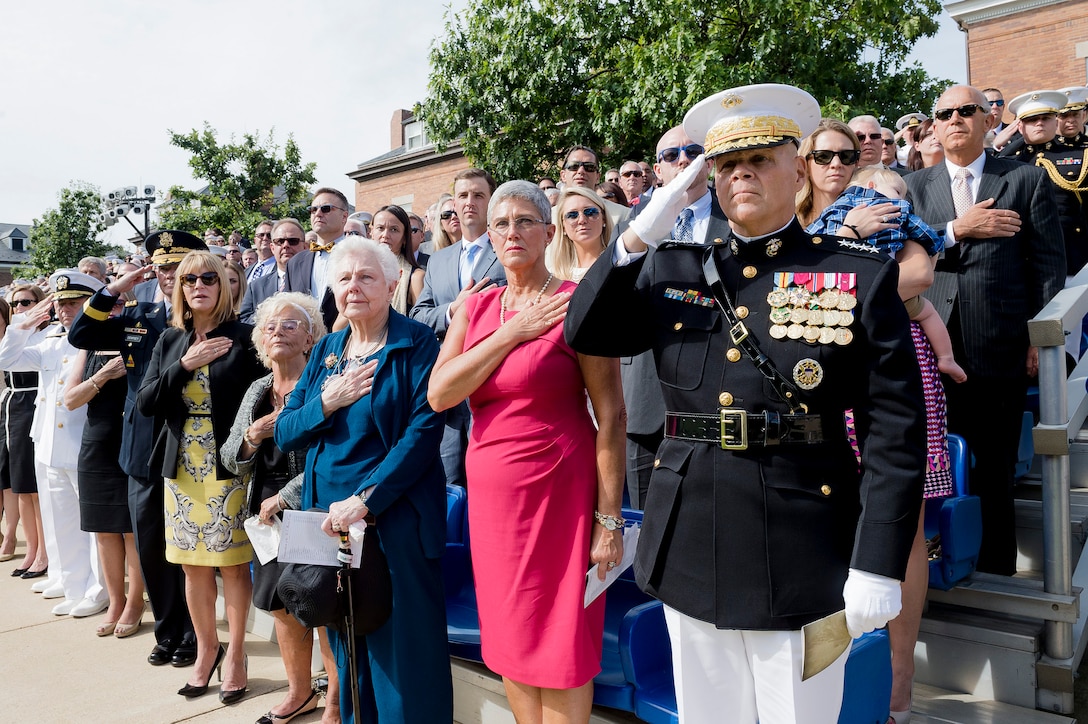 Marine Corps Gen. Robert B. Neller, 37th commandant of the Marine Corps, renders honors during the Marine Corps passage of command ceremony on Marine Barracks Washington, D.C., Sept. 24, 2015. Gen. Joseph F. Dunford Jr. relinquished command to Neller during the ceremony. DoD photo by Army Staff Sgt. Sean K. Harp