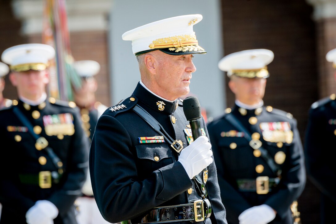 Marine Corps Gen. Joseph F. Dunford Jr., the outgoing commandant of the Marine Corps, speaks during a passage of command ceremony on Marine Barracks Washington, D.C., Sept. 24, 2015. Dunford relinquished command to Gen. Robert B. Neller. DoD photo by Army Staff Sgt. Sean K. Harp