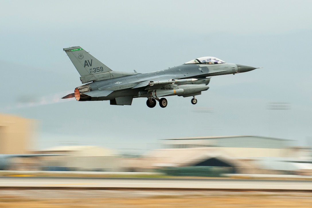 A U.S. Air Force F-16 Fighting Falcon aircraft takes off on a combat sortie from Bagram Airfield, Afghanistan, Sept. 22, 2015. U.S. Air Force photo by Tech. Sgt. Joseph Swafford