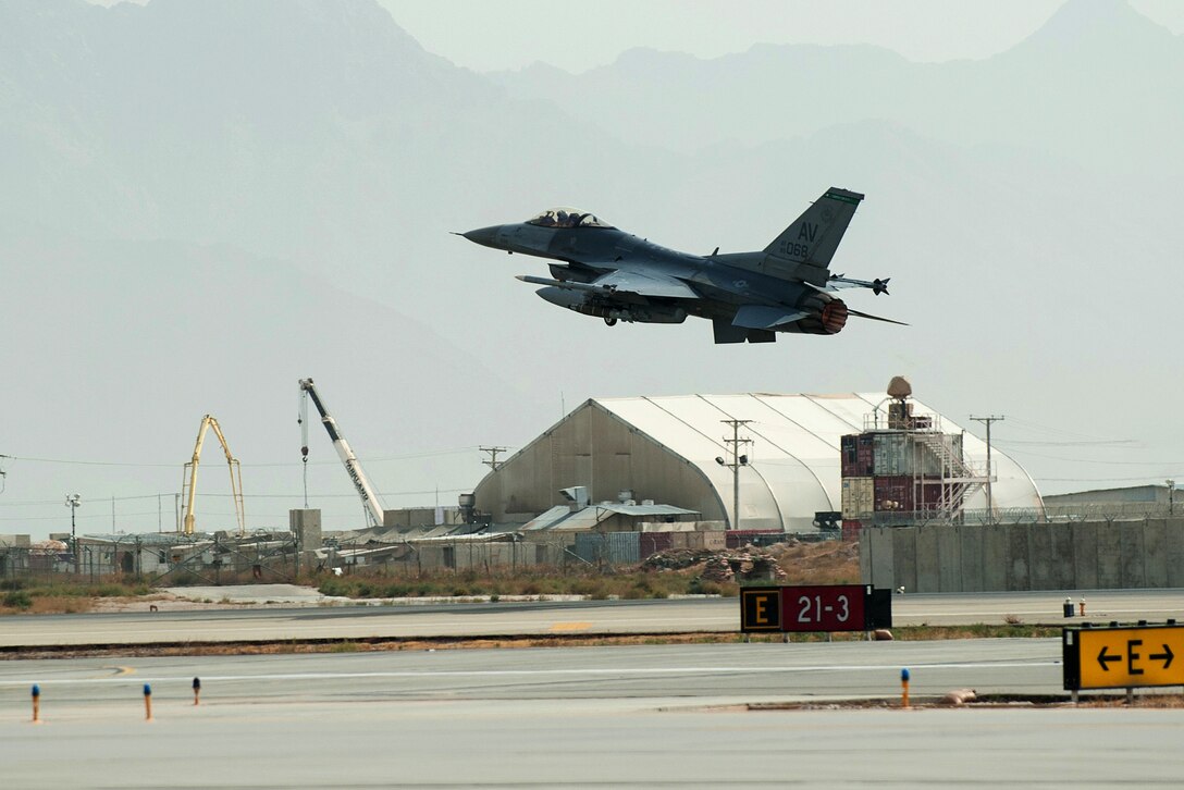 A U.S. Air Force F-16 Fighting Falcon aircraft takes off on a combat sortie from Bagram Airfield, Afghanistan, Sept. 21, 2015. U.S. Air Force photo by Tech. Sgt. Joseph Swafford