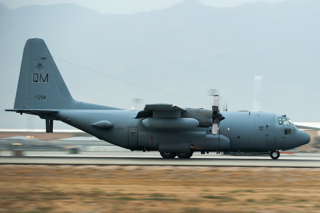 A U.S. EC-130H Compass Call aircraft lands at Bagram Airfield, Afghanistan, Sept. 22, 2015. U.S. Air Force photo by Tech. Sgt. Joseph Swafford