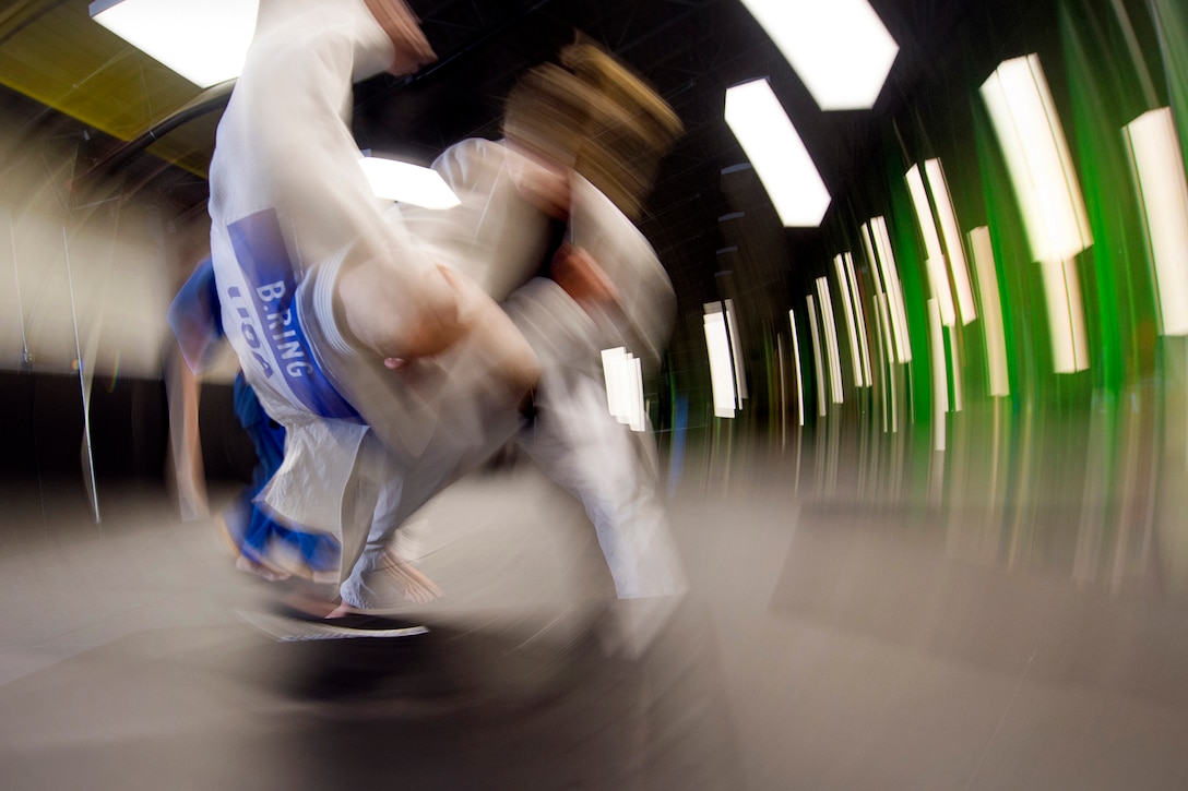 Missouri Army National Guard Capt. Anna Feygina throws Army Lt. Col. Ben Ring during U.S. Armed Forces Judo Team practice on Fort Indiantown Gap, Pa., Sept. 21, 2015. The team is training for the 2015 Military World Games in Mungyeong, South Korea, Oct. 2 through Oct. 11, 2015. DoD photo by EJ Hersom