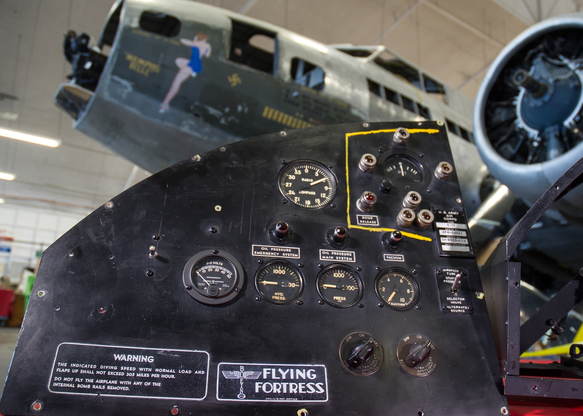 DAYTON, Ohio -- The B-17F "Memphis Belle" and the pilot’s instrument panel in the restoration hangar at the National Museum of the United States Air Force. (U.S. Air Force photo)