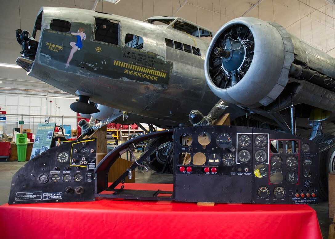 DAYTON, Ohio -- The B-17F "Memphis Belle" and the pilot’s instrument panel in the restoration hangar at the National Museum of the United States Air Force. (U.S. Air Force photo)
