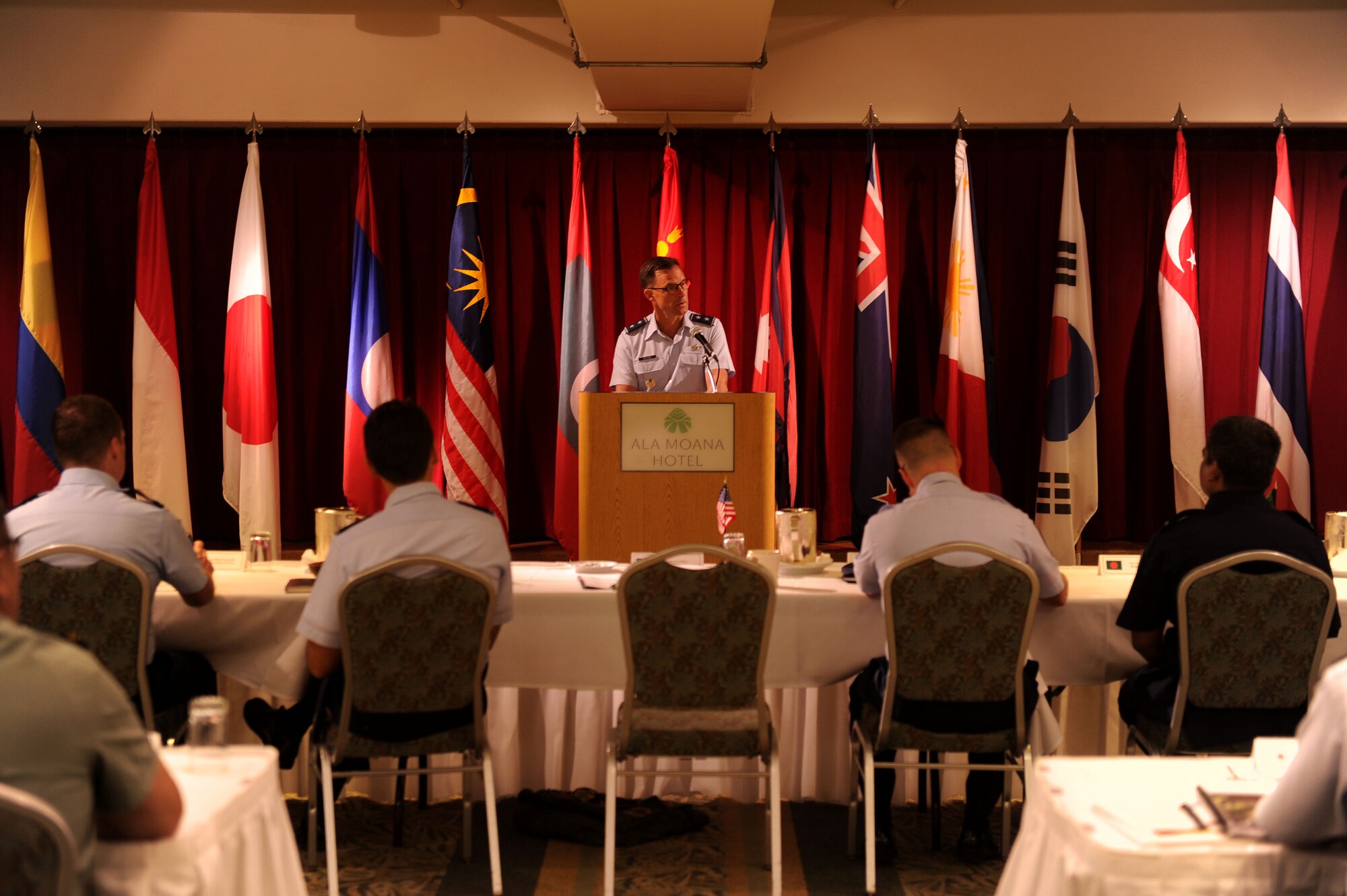 Maj. Gen. Mark Dillon, Pacific Air Forces vice commander, gives opening remarks during the Pacific Rim Airpower Symposium Sept. 22, 2015, in Honolulu, Hawaii. Senior officer and enlisted airmen from nations throughout the Indo-Asia-Pacific region attended the symposium to discuss ways to improve cooperation, leadership and coordination efforts. (U.S. Air Force photo by Staff Sgt. Alexander Martinez/Released)