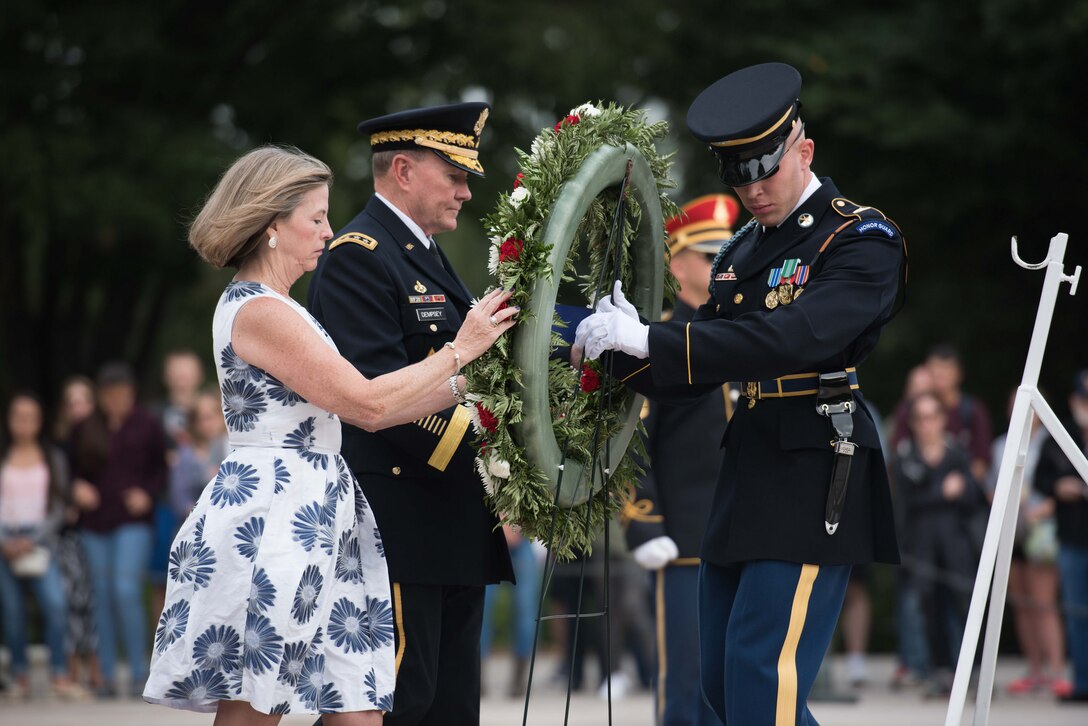 Army Gen. Martin E. Dempsey, chairman of the Joint Chiefs of Staff, and his wife, Deanie, place a wreath at the Tomb of the Unknown Soldier at Arlington National Cemetery in Arlington, Va., Sept. 25, 2015. U.S. Army photo by Spc. Cody W. Torkelson