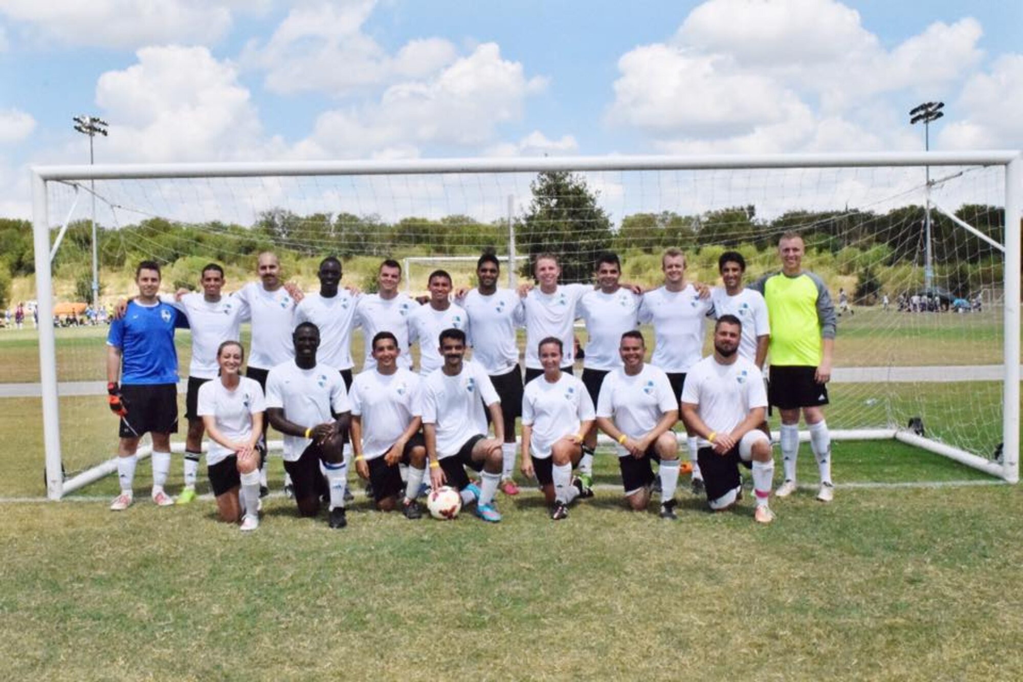 The Columbus Football Club poses for a photo in front of a goal post during the 2015 Defender's Cup held Sept. 4-7 in San Antonio, Texas. The team was among 40 teams participating in the 2015 Defender’s Cup Soccer Tournament. (Courtesy Photo/Kaitlan Rester)