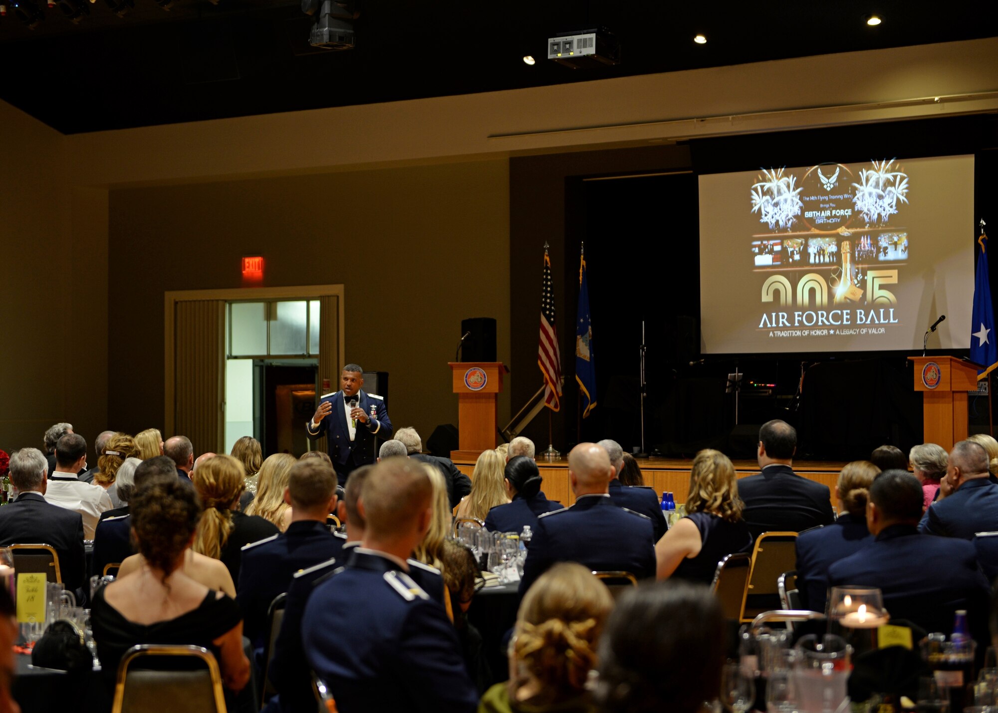 Maj. Gen. Richard Clark, Commander, Eighth Air Force, gives a speech at the 2015 Air Force Birthday Ball Sept. 18 at the Trotter Convention Center in Downtown Columbus. Clark spoke to the crowd about having a purpose and committing to that purpose. (U.S. Air Force Photo/Sonic Johnson)