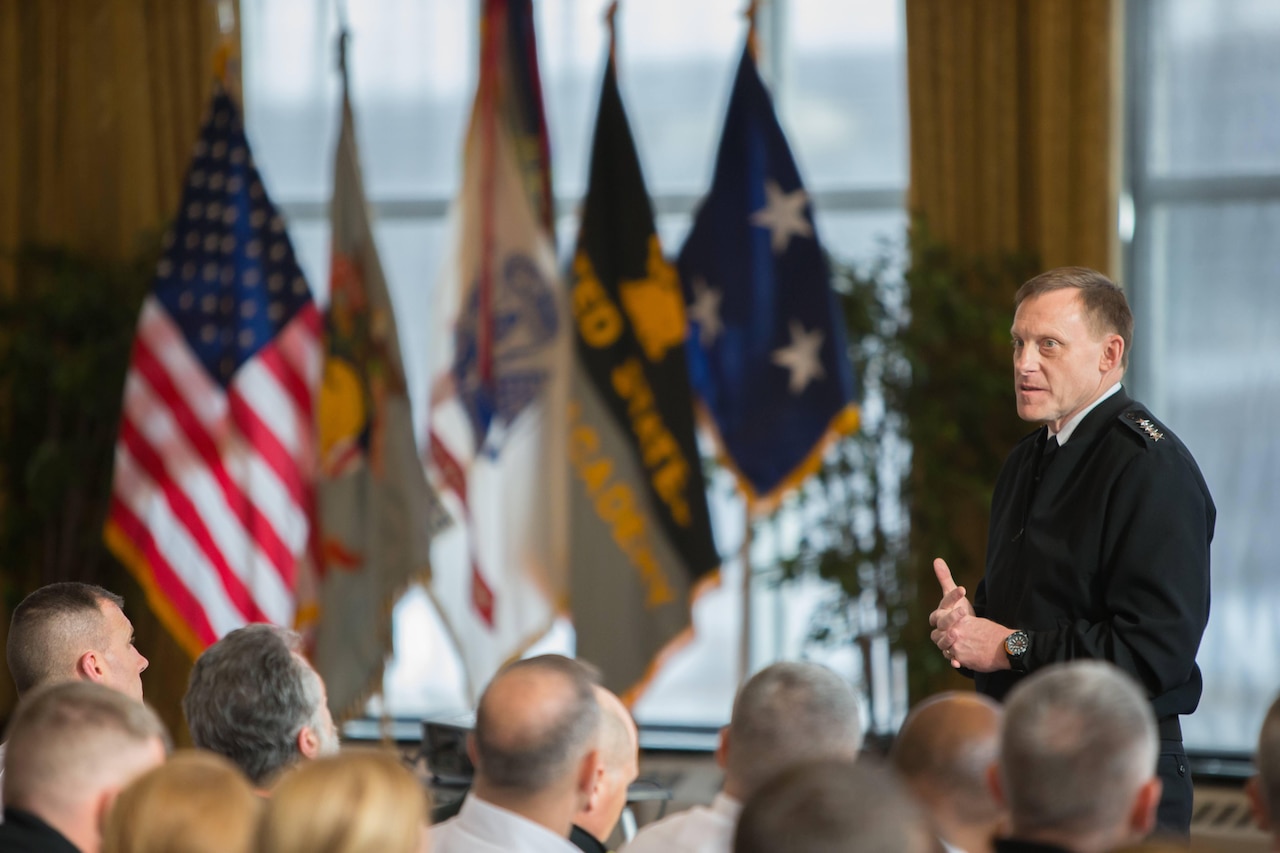 Navy Adm. Michael S. Rogers, speaks at the U.S. Military Academy at West Point, N.Y., Jan. 9, 2015. He is the commander of the U.S. Cyber Command and director of the National Security Agency. Photo by Army Sgt. 1st Class Jeremy Bunkley
