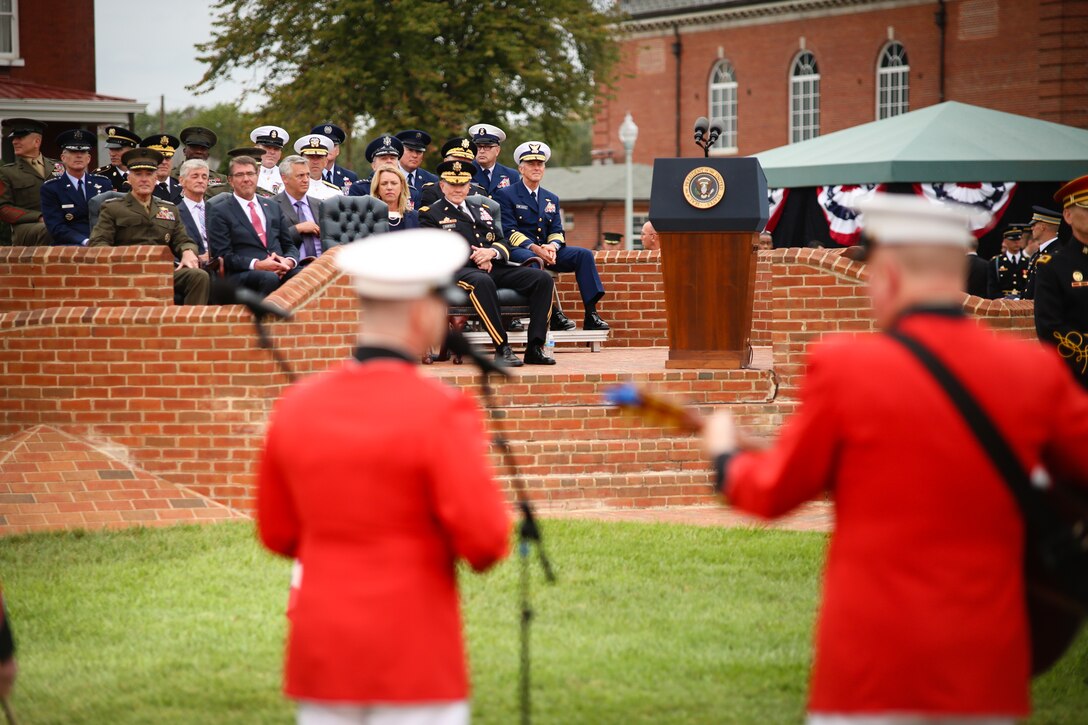 The music ensemble Free Country from "The President's Own" performed at the farewell tribute for former Chairman of the Joint Chiefs of Staff Gen. Martin E. Dempsey, USA, on Sept. 25, at Summerall Field at Fort Myer in Arlington, Va. (U.S. Marine Corps photo by Staff Sgt. Brian Rust/released)