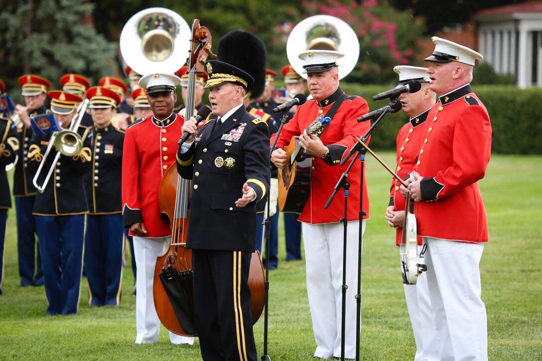 The music ensemble Free Country from "The President's Own" performed at the farewell tribute for former Chairman of the Joint Chiefs of Staff Gen. Martin E. Dempsey, USA, on Sept. 25. (U.S. Marine Corps photo by Staff Sgt. Brian Rust/released)
