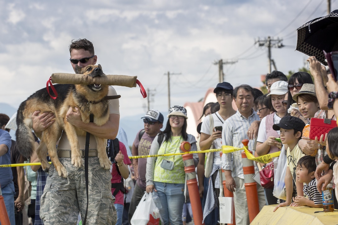 Staff Sgt. Jon Eager, 374th Security Forces Squadron military working dog handler, holds his MWD Diesel under both arms during a K-9 demonstration at the Japanese-American Friendship Festival, Sept. 19, 2015. The K-9 demonstration was one of many events during the weekend that showcased Air Force capabilities. (U.S. Air Force photo by Osakabe Yasuo/Released) 