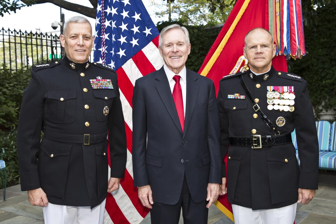 Assistant Commandant of the Marine Corps, General John M. Paxton, Jr., left, Secretary of the Navy, Raymond Edwin "Ray" Mabus, Jr., center, and Gen. Robert B. Neller, pose after Neller's promotion ceremony at Marine Barracks Washington, D.C., Sept. 24, 2015. Neller was promoted from the rank of lieutenant general to general in the Marine Corps. (U.S. Marine Corps photo by Sgt. Gabriela Garcia/Released)