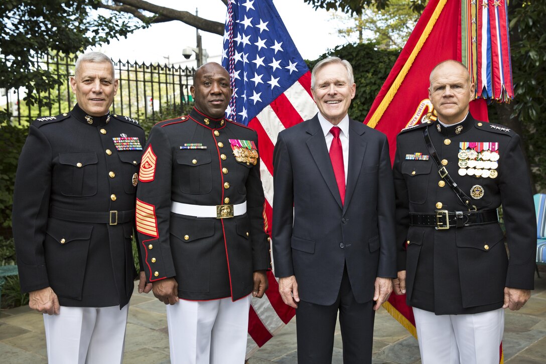 Assistant Commandant of the Marine Corps, General John M. Paxton, Jr., left, Sergeant Major of the Marine Corps Ronald L. Green, second left, Secretary of the Navy, Raymond Edwin "Ray" Mabus, Jr., center right, and Gen. Robert B. Neller, pose after Neller's promotion ceremony at Marine Barracks Washington, D.C., Sept. 24, 2015. Neller was promoted from the rank of lieutenant general to general in the Marine Corps. (U.S. Marine Corps photo by Sgt. Gabriela Garcia/Released)