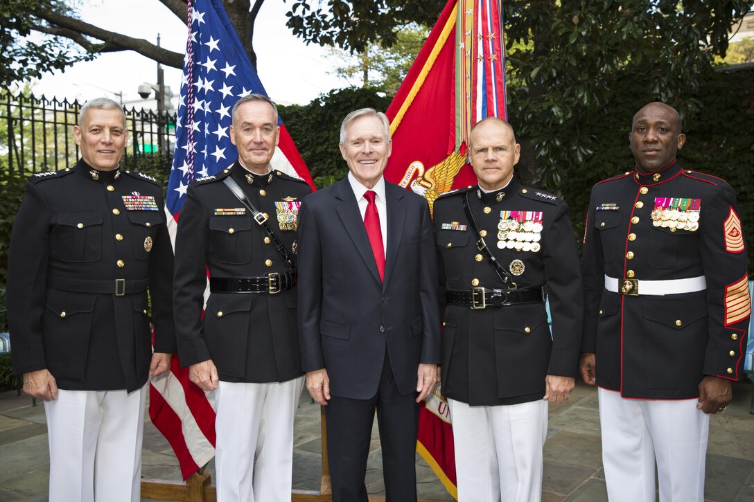 Assistant Commandant of the Marine Corps, General John M. Paxton, Jr., left, Commandant of the Marine Corps, Gen. Joseph F. Dunford, Jr., second left, Secretary of the Navy, Raymond Edwin "Ray" Mabus, Jr., center, and Gen. Robert B. Neller, second right, Sergeant Major of the Marine Corps Ronald L. Green pose after Neller's promotion ceremony at Marine Barracks Washington, D.C., Sept. 24, 2015. Neller was promoted from the rank of lieutenant general to general in the Marine Corps. (U.S. Marine Corps photo by Sgt. Gabriela Garcia/Released)