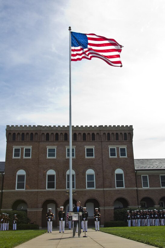 Secretary of Defense, Ashton Baldwin "Ash" Carter speaks during the Passage of Command at Marine Barracks Washington, D.C., Sept. 24, 2015. Gen. Robert B. Neller took command from Gen. Joseph F. Dunford, Jr. as the 37th Commandant of the Marine Corps. (U.S. Marine Corps photo by Sgt. Gabriela Garcia/Released)