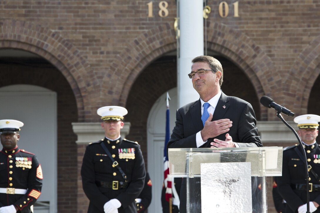 Secretary of Defense, Ashton Baldwin "Ash" Carter speaks during the Passage of Command at Marine Barracks Washington, D.C., Sept. 24, 2015. Gen. Robert B. Neller took command from Gen. Joseph F. Dunford, Jr. as the 37th Commandant of the Marine Corps. (U.S. Marine Corps photo by Sgt. Gabriela Garcia/Released)