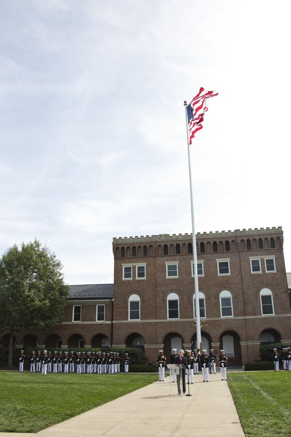 Secretary of the Navy, Raymond Edwin "Ray" Mabus, Jr. speaks during the Passage of Command at Marine Barracks Washington, D.C., Sept. 24, 2015. Gen. Robert B. Neller took command from Gen. Joseph F. Dunford, Jr. as the 37th Commandant of the Marine Corps. (U.S. Marine Corps photo by Sgt. Gabriela Garcia/Released)