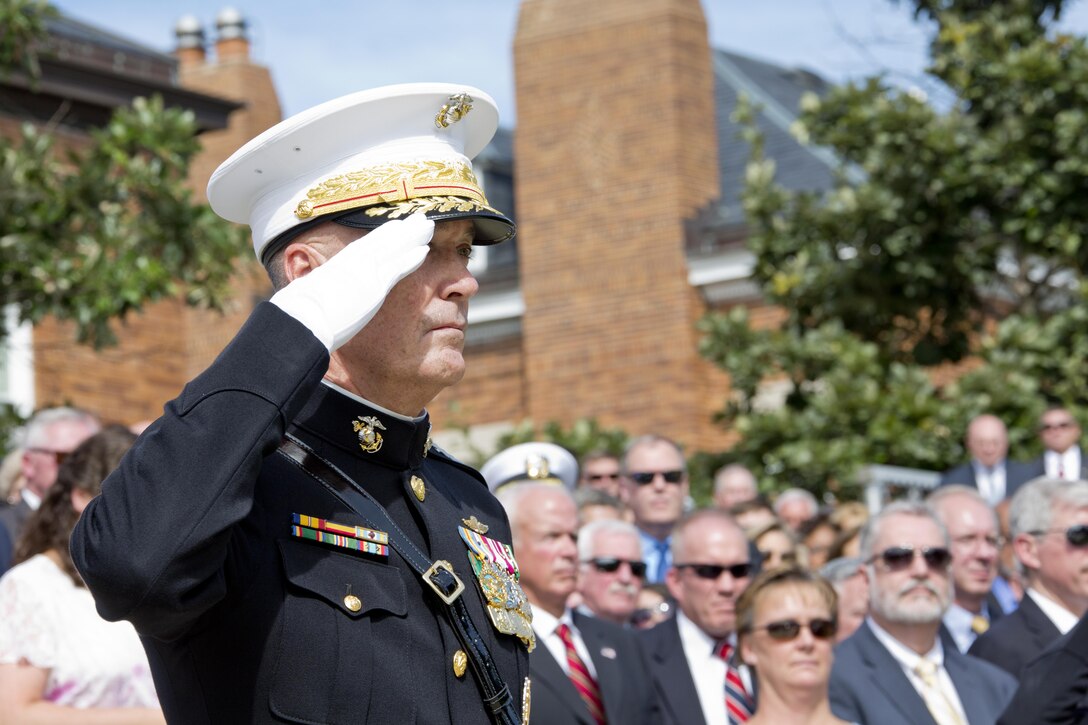 U.S. Marine Gen. Joseph F. Dunford, Jr. salutes during the Passage of Command at Marine Barracks Washington, D.C., Sept. 24, 2015. Gen. Robert B. Neller took command from Dunford as the 37th Commandant of the Marine Corps. (U.S. Marine Corps photo by Sgt. Gabriela Garcia/Released)