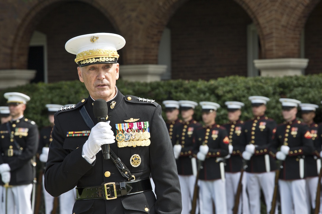 U.S. Marine Gen. Joseph F. Dunford, Jr. speaks at Marine Barracks Washington, D.C., Sept. 24, 2015. Gen. Robert B. Neller took command from Dunford as the 37th Commandant of the Marine Corps. (U.S. Marine Corps photo by Sgt. Gabriela Garcia/Released)
