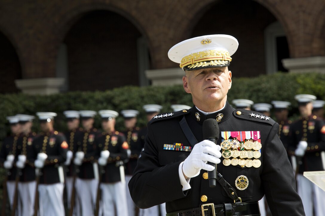 Commandant of the Marine Corps, Gen. Robert B. Neller, speaks during the Passage of Command at Marine Barracks Washington, D.C., Sept. 24, 2015. Neller took command from Gen. Joseph F. Dunford, Jr. as the 37th Commandant of the Marine Corps. (U.S. Marine Corps photo by Sgt. Gabriela Garcia/Released)