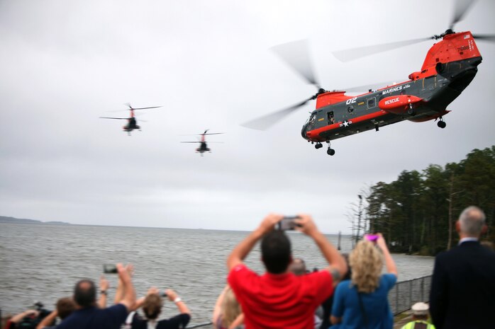 Pedro helicopter “02” lifts off to join Marine Transport Squadron 1’s other two HH-46 helicopters on their final flight at Marine Corps Air Station Cherry Point, N.C., Sept. 25, 2015. The three search and rescue aircraft have been the last flying “phrogs” in the Department of Defense since Aug. 1. Today’s final flight marks the end of an era in combat aviation. These aircraft will be turned over to the U.S. Navy by Oct. 1. They leave behind a legacy of Cherry Point’s support to the local community in eastern North Carolina, which began in 1957. (U.S. Marine Corps photo by Lance Cpl. Jason Jimenez/Released)