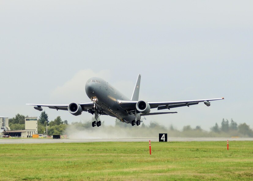 A KC-46 Pegasus took to the skies for its first flight at Paine Field in Everett, Wa., Sept. 25, 2015. (U.S. Air Force photo/Jet Fabara)


