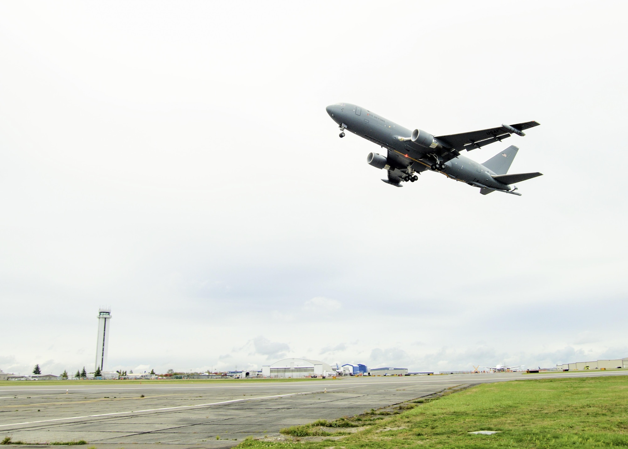 A KC-46 Pegasus took to the skies for its first flight at Paine Field in Everett, Wa., Sept. 25, 2015. (U.S. Air Force photo/Jet Fabara)