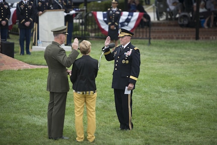 The 18th Chairman of the Joint Chiefs of Staff U.S. Army Gen. Martin E. Dempsey swears in 19th Chairman of the Joint Chiefs of Staff U.S. Marine Corps General Joseph Dunford during Dempsey's retirement ceremony and change of responsibility ceremony. Dempsey retires from the military after 41 years in service, and is succeeded by Marine Gen. Joseph Dunford. The ceremony took place at Joint Base Myer-Henderson Hall in Washington, D.C., Sept. 25, 2015.