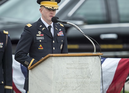 U.S. Army Maj. Christopher Dempsey reads retirement orders for his father, the 18th Chairman of the Joint Chiefs of Staff U.S. Army Gen. Martin E. Dempsey, during his retirement and change of responsibility ceremony. Dempsey retires from the military after 41 years in service and is succeeded by Marine Gen. Joseph Dunford. The ceremony took place at Joint Base Myer-Henderson Hall in Washington, D.C., Sept. 25, 2015.