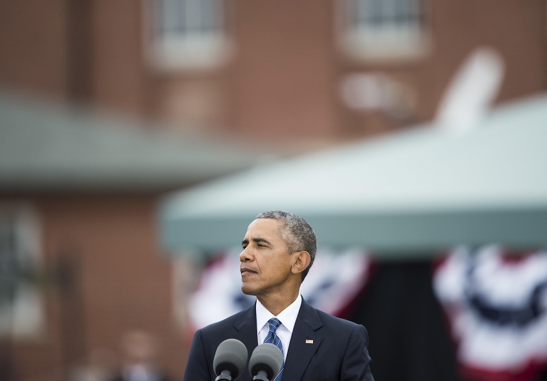President Barack Obama delivers remarks at a ceremony honoring Army Gen. Martin E. Dempsey, 18th chairman of the Joint Chiefs of Staff, on Joint Base Myer-Henderson Hall, Arlington, Va., Sept. 25, 2015. The Chairman of the Joint Chiefs of Staff is the senior ranking member of the Armed Forces and principal military adviser to the President, Defense Secretary, and National Security Council Staff. DoD photo by Navy Petty Officer 2nd Class Dominique A. Pineiro