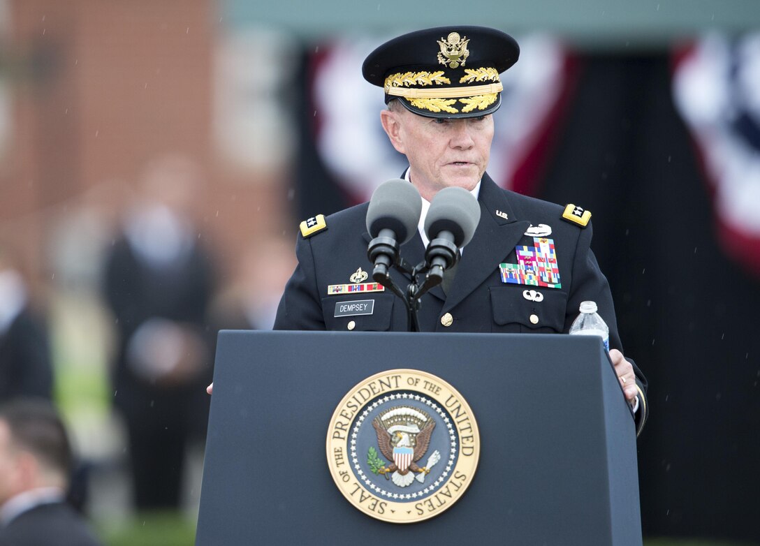 Eighteenth Chairman of the Joint Chiefs of Staff U.S. Army Gen. Martin E. Dempsey delivers remarks at his retirement and change of responsibility ceremony on Joint Base Myer-Henderson Hall, V.A.,  Sept. 25, 2015. Dempsey retires from the military after 41 years in service and is succeeded by Marine Gen. Joseph Dunford. Department of Defense Photo by Petty Officer 2nd Dominique A. Pineiro