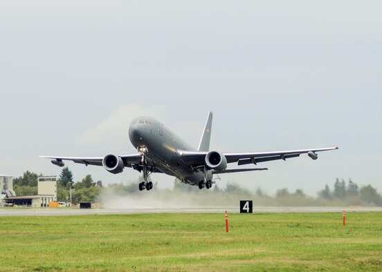 The first KC-46A Pegasus Tanker takes off from Paine Field in Everett, Washington, on its historic inaugural flight Sept. 25, 2015. (U.S. Air Force photo/Jet Fabara)