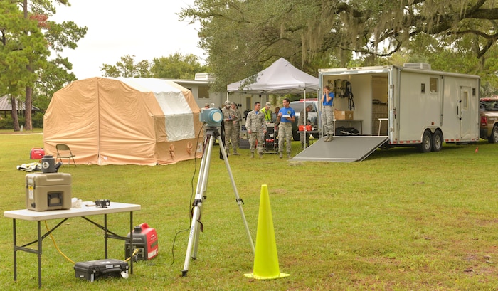 Members of the 628th Medical Group and the 628th Civil Engineering Squadron participate in a hazardous material exercise on Joint Base Charleston – Air Base, S.C., Sept. 25, 2015. The two units from the 628th CES were the emergency management group and fire department. (U.S. Air Force photo/Airman 1st Class Thomas T. Charlton)