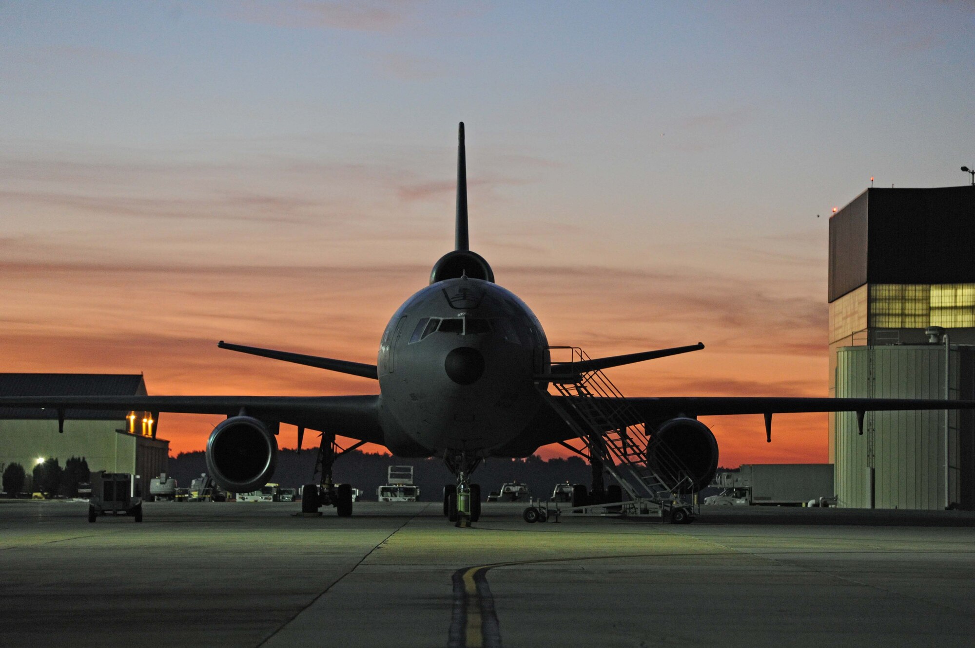 A KC-10 sits on the runway at Joint Base McGuire Dix Lakehurst, New Jersey, before a flight to JFK Airport. The 514th Air Mobility Wing celebrated the Air Force’s 68th birthday two days early, displaying its air refueling capabilities for media in New York City Sept. 16. (U.S. Air Force photo by Master Sgt. Donna Jeffries)