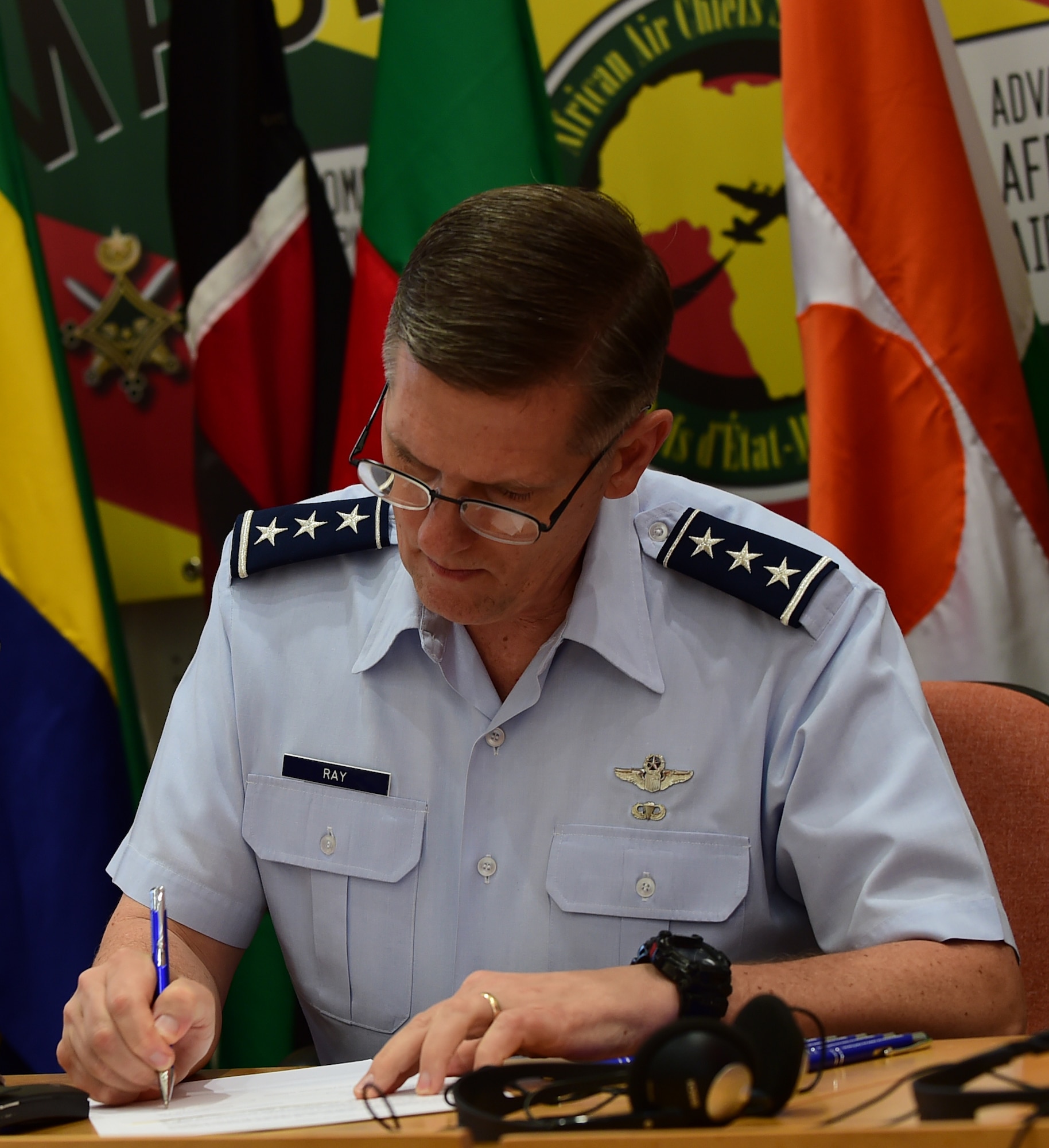 U.S. 17th Expeditionary Air Force Commander Lt. Gen. Timothy Ray signs the charter formalizing the Association of African Air Forces, by the U.S. and three African nations. The charter signing was the last action of the 5th Annual African Air Chiefs Symposium, co-hosted by the Mauritanian Air Force and U.S Air Forces Africa is taking place in Nouakchott, Mauritania, Sept. 14-17, 2015. It is designed to foster and strengthen the bonds of friendship, cooperation and mutual support among its members. (U.S. Air Force photo by Master Sgt. Chrissy Best/Released)