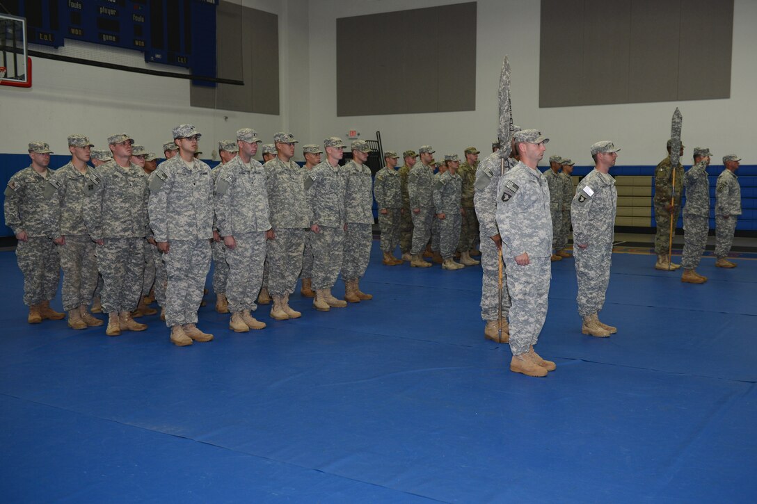C Company, 1st Battalion, 14th Infantry Regiment and D Company 2nd Battalion, 27th Infantry Regiment; stand in formation during Task Force Talon’s transfer of authority ceremony Sept. 25, 2015, at Andersen Air Force Base, Guam. The ceremony is an official representation of the unit’s acceptance of the Homeland Defense mission which tasks the teams to provide tactical ballistic missile defense for the island of Guam against any potential threats. (U.S. Air Force photo by Airman 1st Class Arielle Vasquez/Released)