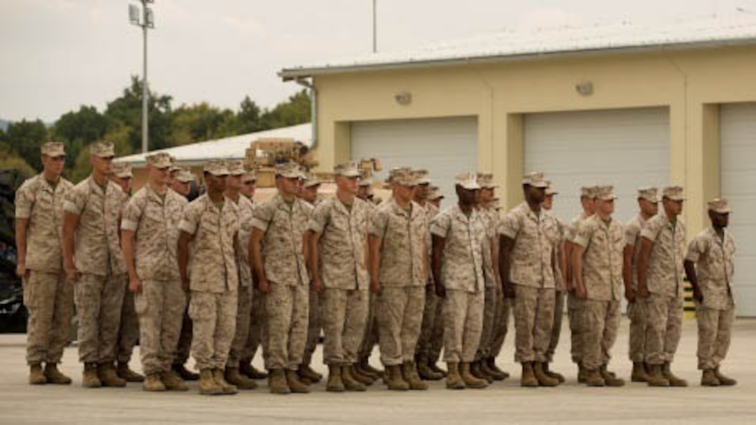 U.S. Marines participate in an opening ceremony for the Combined Arms Company at Novo Selo Training Area, Bulgaria, Sept. 23, 2015. The first rotation of CAC brings advanced mechanized capabilities to training exercises  with NATO allies in the region. 