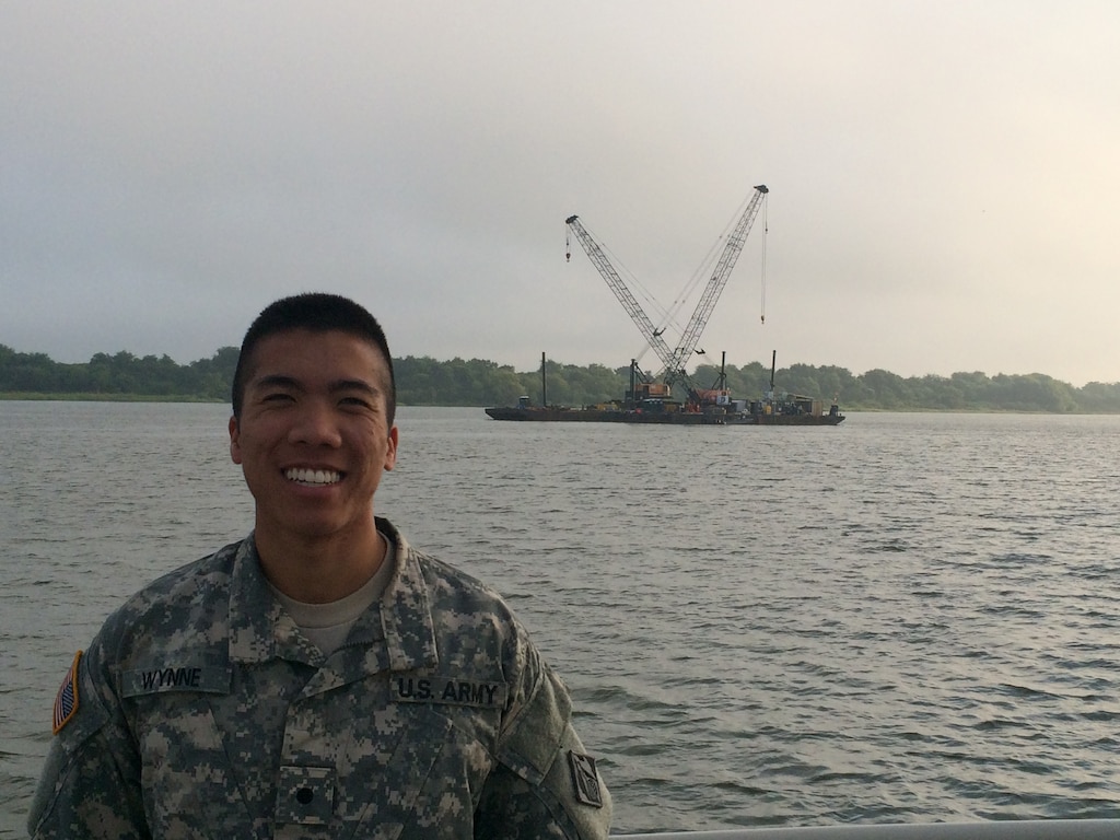 ROTC Cadet Justin Wynne on a survey boat before the CSS Georgia recovery station.
