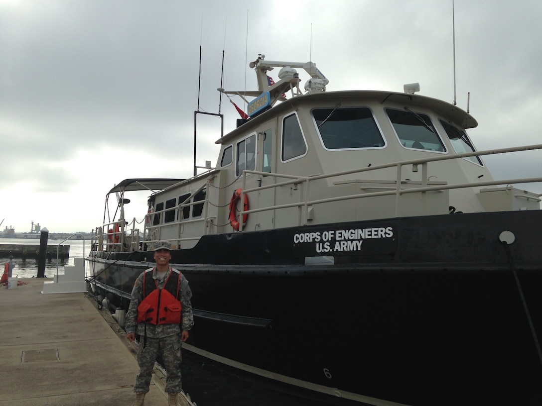 ROTC Cadet Justin Wynne before boarding a survey boat docked at the Savannah harbor.