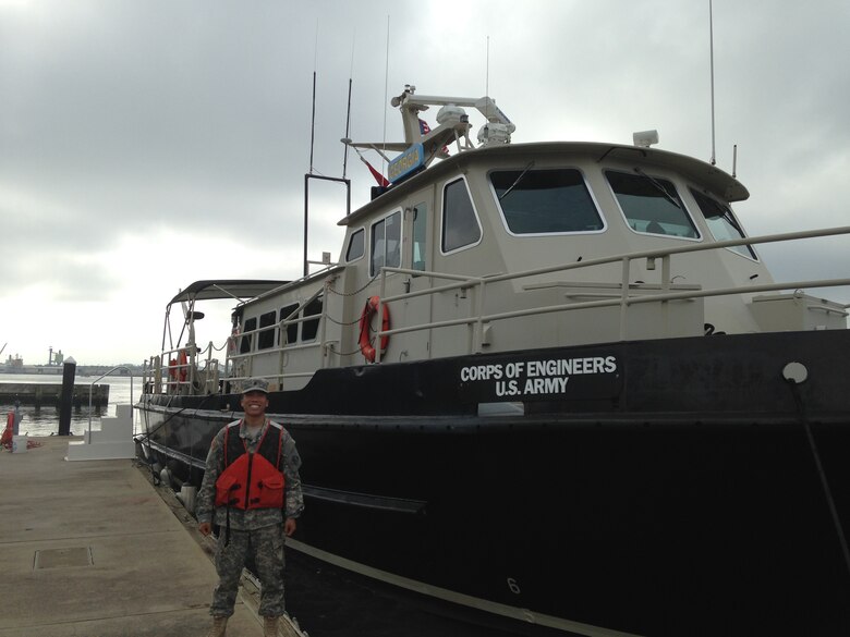 ROTC Cadet Justin Wynne before boarding a survey boat docked at the Savannah harbor.