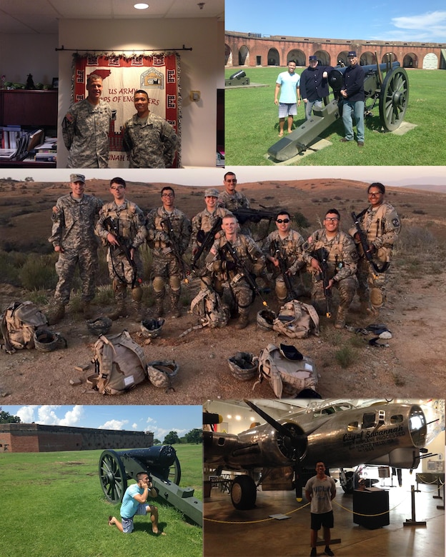 Top left: ROTC Cadet Justin Wynne meets the district's Deputy Commander Maj. George A. Mitroka upon his arrival in August. Top right: During his first weekend in Savannah, Wynne meets reenactment volunteers following a cannon demonstration at Fort Pulaski. Center: Wynne (third from left) on a field training exercise at Camp Pendleton in California along with other cadets of UCLA's ROTC class of 2018. Bottom left: Wynne gives his best impression of a Soldier before firing a cannon. Bottom right: Wynne before the "City of Savannah," a recently restored B-17 Bomber housed at the Museum of the Mighty Eighth Air Force. The aircraft was the 5000th airplane processed at Hunter Army Airfield during World War II. 