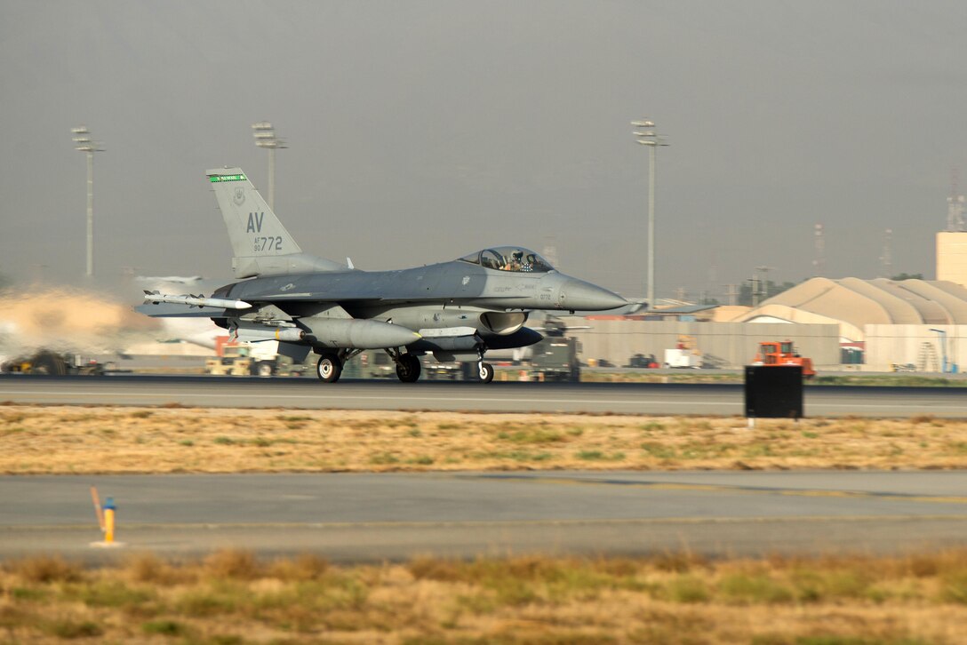 A U.S. Air Force F-16 Fighting Falcon aircraft takes off on a combat sortie from Bagram Airfield, Afghanistan, Sept. 15, 2015. U.S. Air Force photo by Tech. Sgt. Joseph Swafford