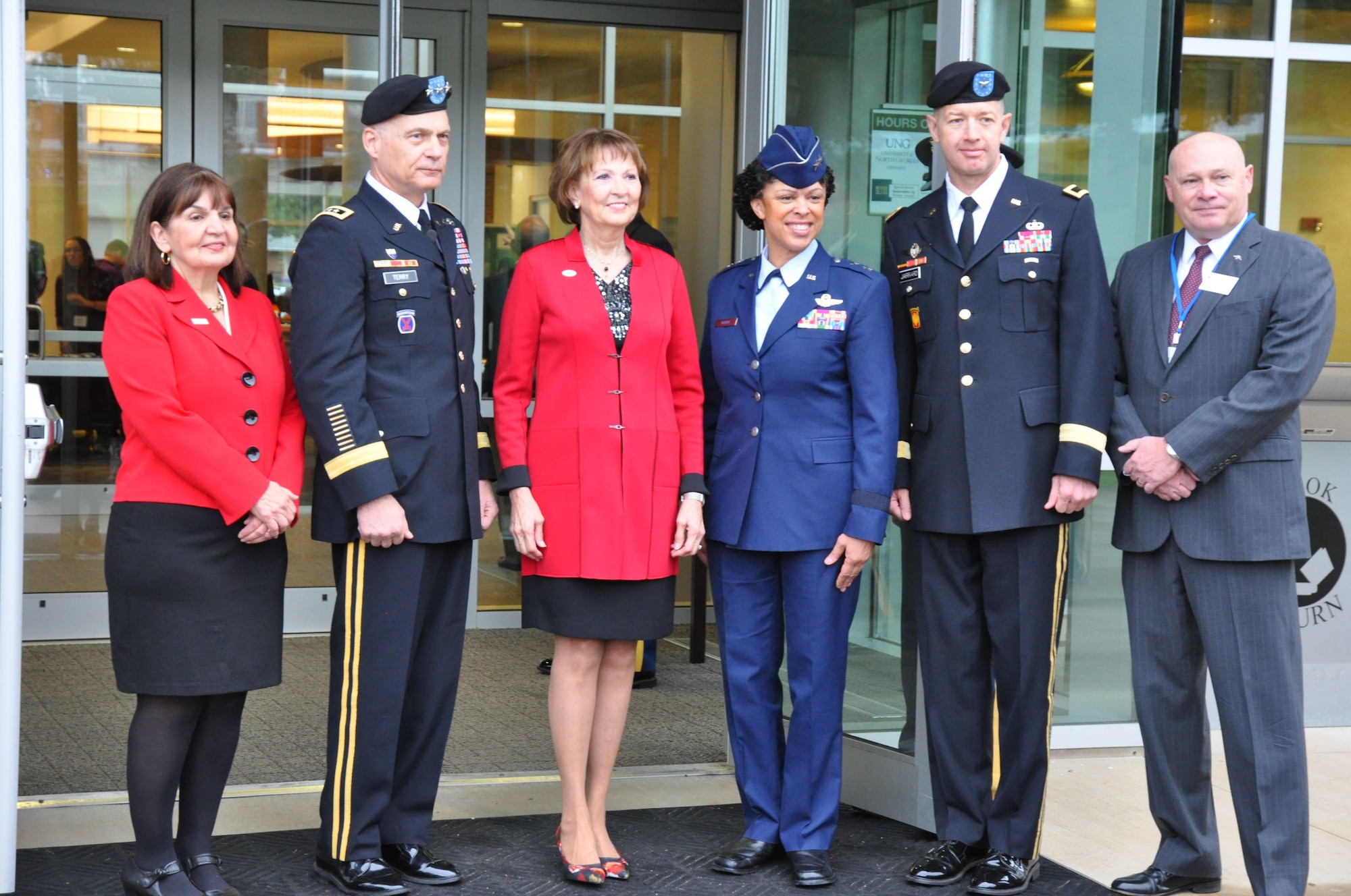 Maj. Gen. Stayce Harris, 22nd Air Force commander (fourth 
from left), has her photo taken after being welcomed to the University of North Georgia by Dr. Bonita Jacobs, UNG President, as part of the Honor2Lead leadership symposium in Dahlonega, Ga., Sept. 25, 2015. Also in attendance were Dr. Donna Mayo, Dean - Mike Contrell College of Business, Lt. Gen. James Terry, Commander of Combined Joint Task Force--Operation Inherent Resolve, Jacobs, Brig. Gen. Joseph Jarrard, adjutant general, Georgia Department of Defense, and Mr. Billy Wells, UNG Vice President of Executive Affairs. (U.S. Air Force photo/Lt. Col. James R. Wilson)
