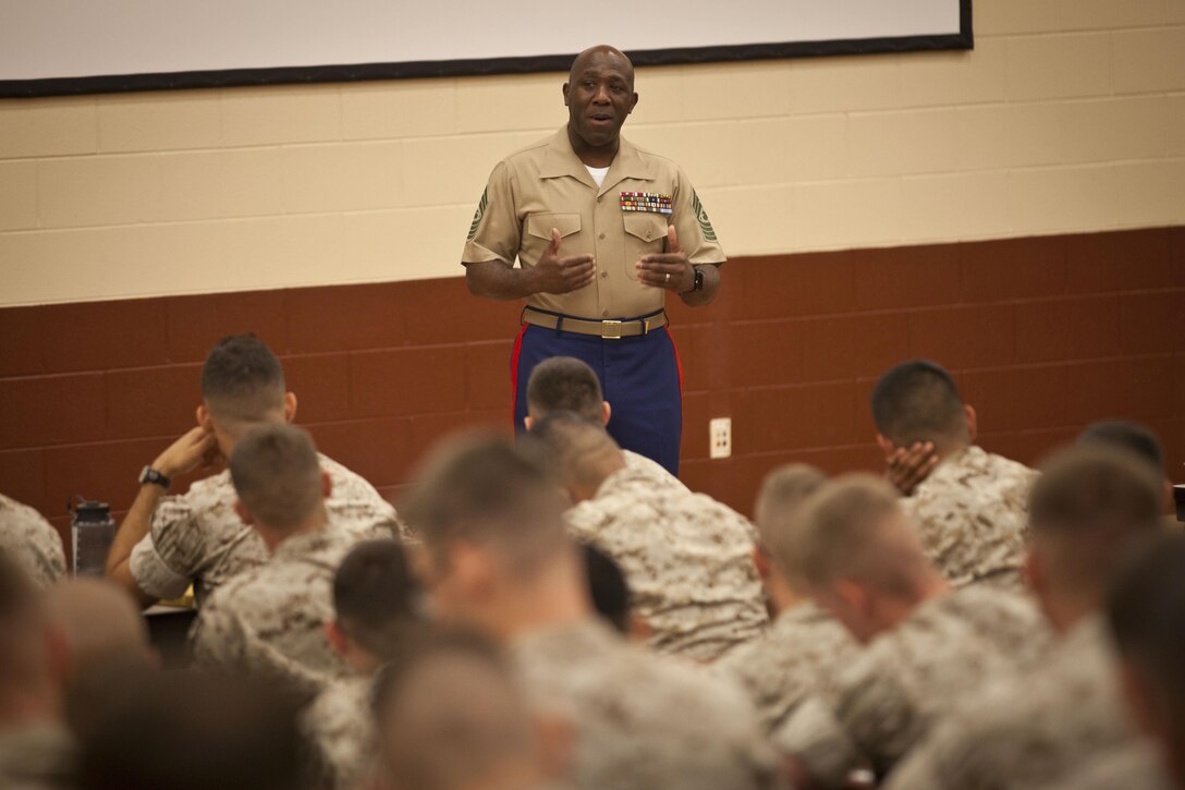 The 18th Sergeant Major of the Marine Corps, speaks to the Marines of Charlie Company, The Basic School, Quantico, VA, Sept. 23, 2015. (U.S. Marine Corps photo by Sgt. Melissa Marnell, Office of the 18th Sergeant Major of the Marine Corps/Released)