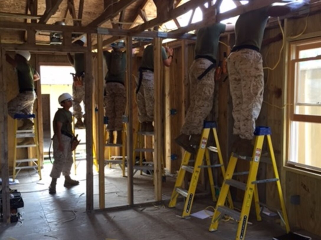 Marines attending Basic Electrician course 8-15 install interior wiring on a hardened structure at Marine Corps Engineer School, Camp Lejeune, North Carolina on Sept. 25, 2015.  The Marines attending this course spend countless hours installing romex wiring into power distribution panels, junction boxes, receptacles, and switches in order to master tasks to become a Basic Electrician. 
