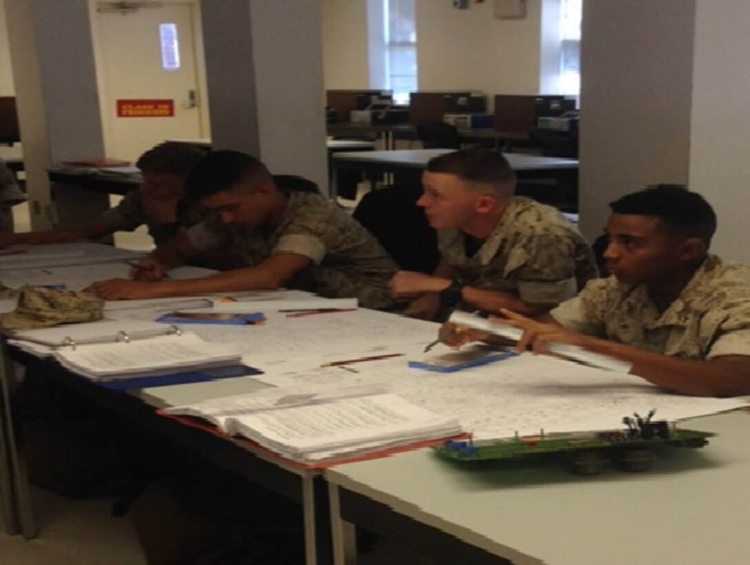 Marines attached to Basic Engineer Electrical Equipment Specialist Technician (BEEEST) 9-15 aboard Marine Corps Engineer School, Camp Lejeune, North Carolina,  participate in Solid State Schematics. This class will be their introduction to electrical system schematics.  The Marines will learn how to navigate the circuits of the A1 Backplane Module and also learn how the device works hand in hand with all other components in the Bravo series of generators.
