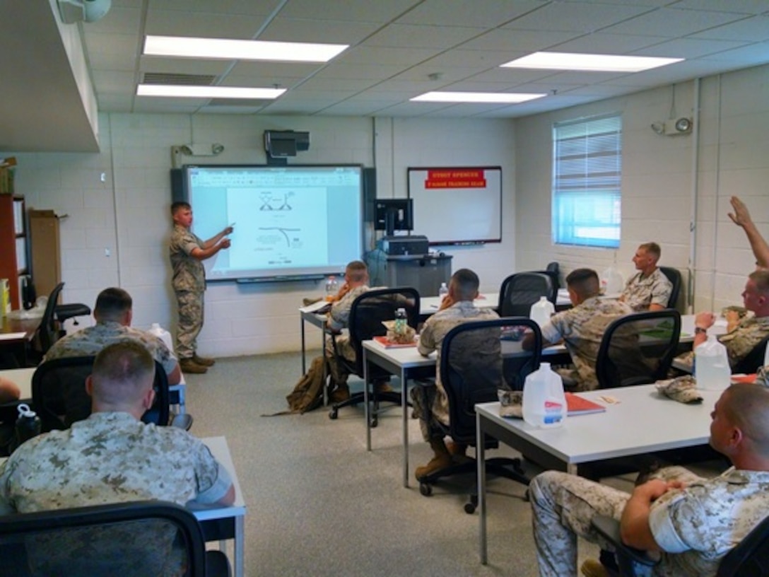 Marines attending Advanced Engineer Equipment Electrical Specialist Technician (AEEEST) course 3-15 are given a period of instruction on Training and Readiness as part of their curriculum aboard Marine Corps Engineer School, Camp Lejeune, North Carolina on Sept. 14, 2015. Marines attending this course need to be familiar with training and readiness to ensure their Marines meet standards in the Operating Forces and that any training conducted conforms to Marine Corps rules, regulations and enhances the overall unit's readiness.